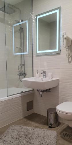 a bathroom with a sink and a toilet and a mirror at Reset Apartment in Novi Sad