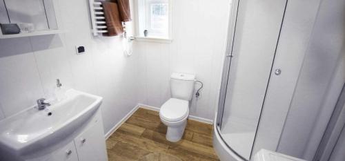 a bathroom with a toilet and a sink and a shower at Ursand Resort & Camping in Vänersborg