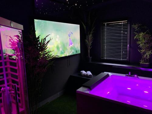 a bathroom with a pink tub with a projection screen at Sure Hotel by Best Western Annecy in Annecy