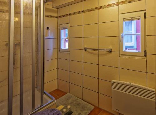 a bathroom with a shower and a window at Fachwerk Anno 1628 in Ediger-Eller
