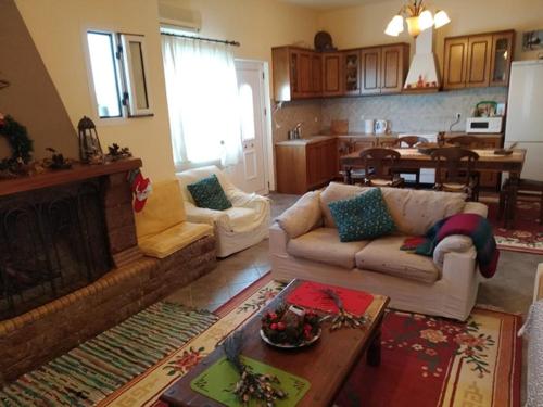 Amarynthos Guest House في أمارنثوس: غرفة معيشة مع أريكة ومدفأة