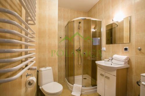 ポラニツァ・ズドルイにあるPrzy Wzgórzu - PolanicaApartamenty plのバスルーム(シャワー、トイレ、シンク付)
