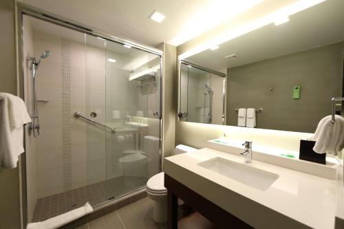 a bathroom with a sink and a shower and a toilet at MARINN PLACE Financial District in Panama City