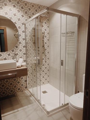 a bathroom with a shower and a toilet at La Fuentona de Santillana in Vispieres