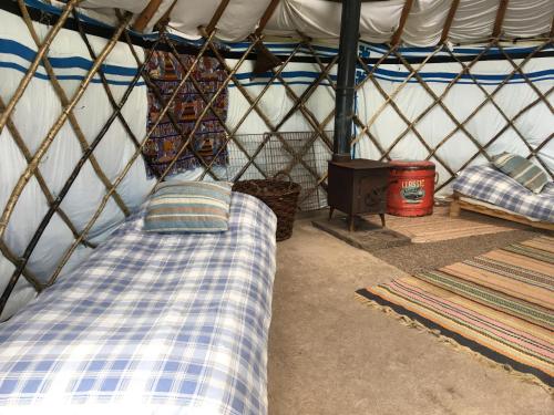 a bed in a yurt with a table and rug at Inch Hideaway Eco Camping in Whitegate