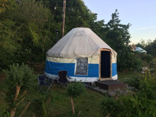 a yurt is sitting in the grass in a field at Inch Hideaway Eco Camping in Whitegate