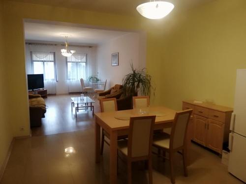 kuchnia i salon ze stołem i krzesłami w obiekcie Apartamenty Alexa Old Town Kutno w Kutnie