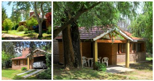 tres fotos de una casa con un árbol y una casa en Cabañas SONNEN PLATZ en Villa General Belgrano