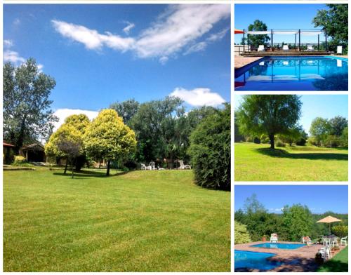 un collage de fotos de un parque y una piscina en Cabañas SONNEN PLATZ en Villa General Belgrano