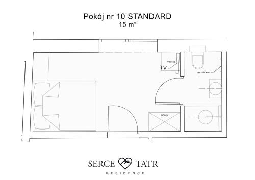 a plan of a small apartment with a floor plan at Serce Tatr Residence Zakopane - blisko Krupówek in Zakopane