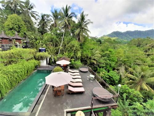 an aerial view of a pool with chairs and umbrellas at Astana Swaha Villa in Sidemen