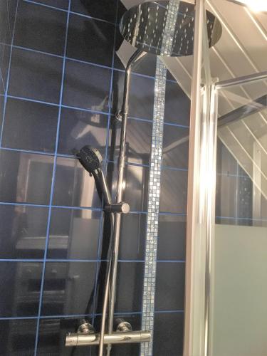 La salle de bains est pourvue d'une douche et de carrelage bleu. dans l'établissement Cottage au pied des dunes, à Le Touquet-Paris-Plage