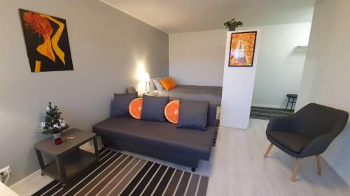 ein Wohnzimmer mit einem Sofa und einem Bett in der Unterkunft Hamina Orange Apartments Kadetti 2 in Hamina