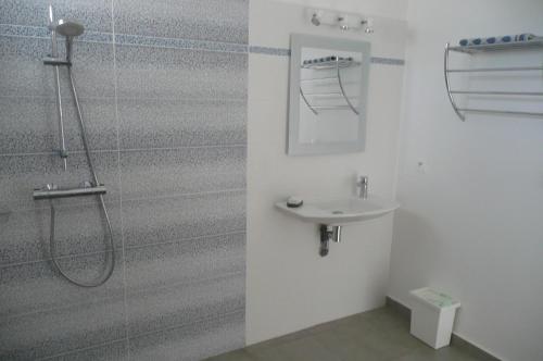 a bathroom with a shower and a sink at Douceurs Caraïbes, Gîte Papaye. in Bouillante