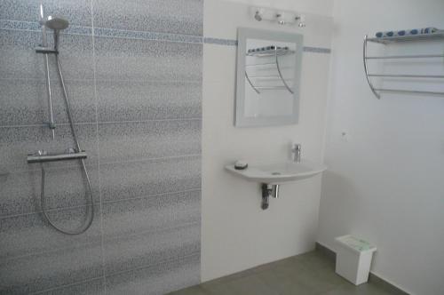 une salle de bain avec douche et lavabo dans l'établissement Douceurs Caraïbes, Gîte Papaye., à Bouillante