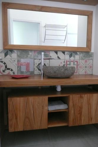 a bathroom counter with a sink and a mirror at Douceurs Caraïbes, Gîte Cannelle in Bouillante