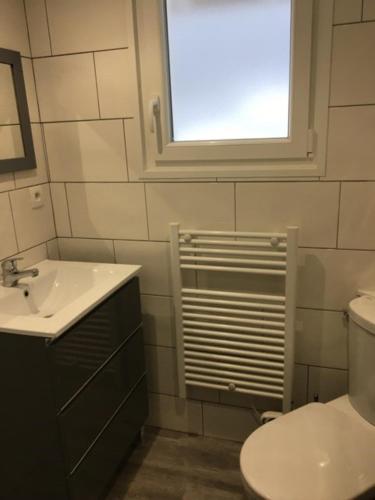 une salle de bain avec toilettes, lavabo et fenêtre dans l'établissement La Bresse Hautes Vosges Chalet 