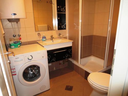 a bathroom with a washing machine and a sink at Apartments Jovan city center with free parking in Ohrid