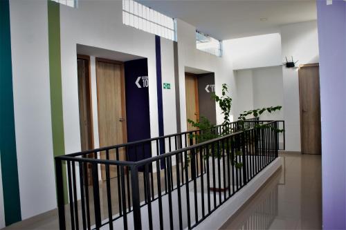 a hallway of a building with stairs and plants at Color House Santa Marta in Santa Marta