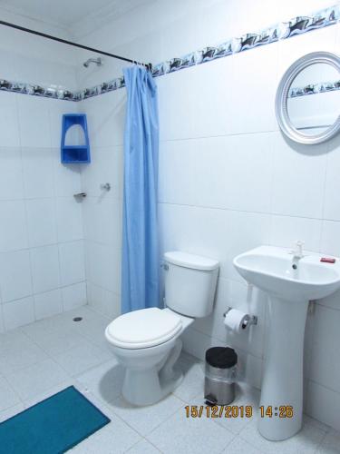 Costana - Hostal في كارتاهينا دي اندياس: حمام به مرحاض أبيض ومغسلة