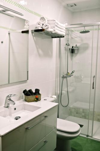 a bathroom with a sink and a shower and a toilet at ZUBIGANE apartamento junto a la Ría & Parking in Bilbao