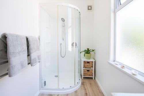 a white bathroom with a shower and a sink at Villa Maitai in Nelson