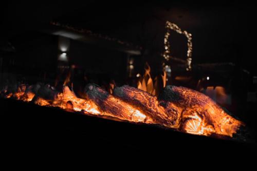 a piece of meat cooking in a grill with flames at Hotel Rooms in Breskens