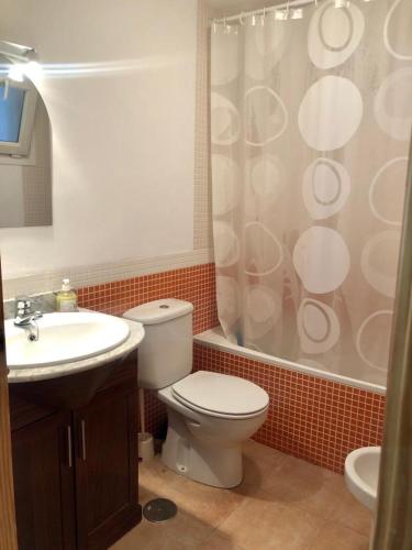 Un baño con inodoro, lavabo y ducha. en GLP Sierra nevada, en Sierra Nevada