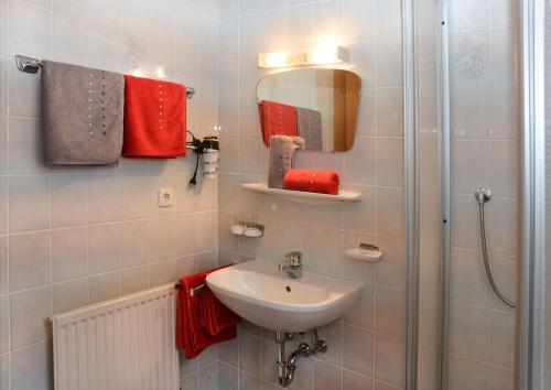 a bathroom with a sink and a shower with a mirror at Gästehaus Julia in Ischgl