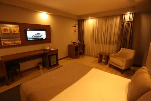 a hotel room with a bed and a television at Oytun Park Hotel in Canakkale