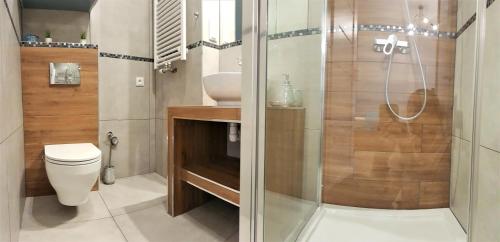 ein Bad mit einer Dusche und einem WC in der Unterkunft Apartament B&F Poznań Business & Family in Posen
