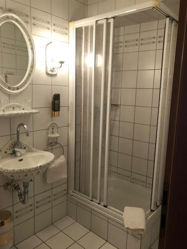 a bathroom with a shower and a sink at Hostaria del Castello in Marburg an der Lahn