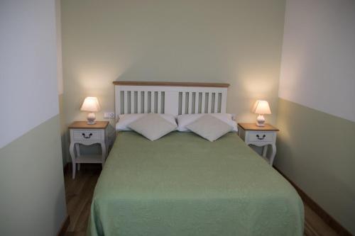 ein Schlafzimmer mit einem grünen Bett mit zwei Nachttischen in der Unterkunft Posada del Herrero in Madridejos