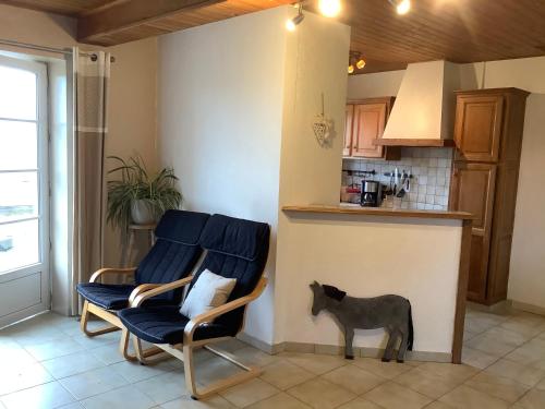 um quarto com duas cadeiras e um gato ao lado de uma cozinha em Belge ' Attitude Gîte 2 chambres em Commequiers