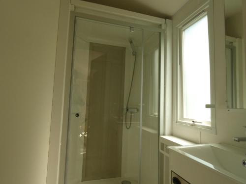 a bathroom with a shower and a sink and a mirror at le Camping Des 3 Lacs in Belmont-Tramonet