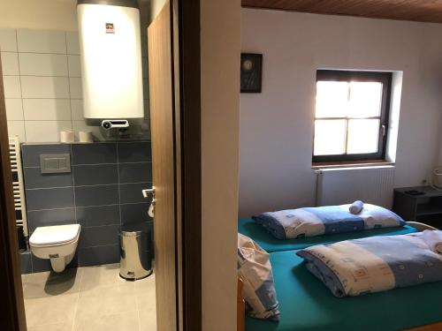 a bathroom with two beds and a toilet at Penzion U Larvů in Železná Ruda