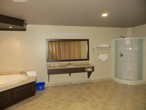 a bathroom with a sink and a shower at Villegiature Deux Rivieres Resort in Tracadie