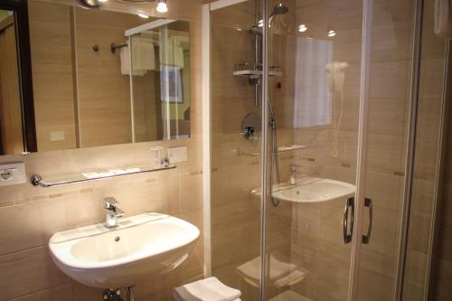 a bathroom with a sink and a glass shower at Hotel Centrale in Este