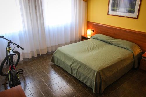 a bedroom with a bed and a bike next to a window at Hotel Centrale in Este