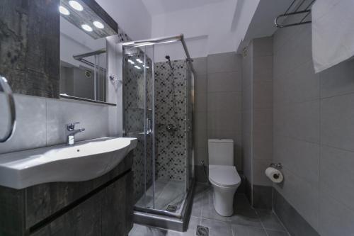 a bathroom with a shower and a sink and a toilet at Erato Hotel in Kokkini Khanion