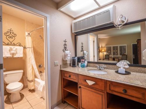a bathroom with a sink and a toilet and a mirror at Casa Ojai Inn in Ojai