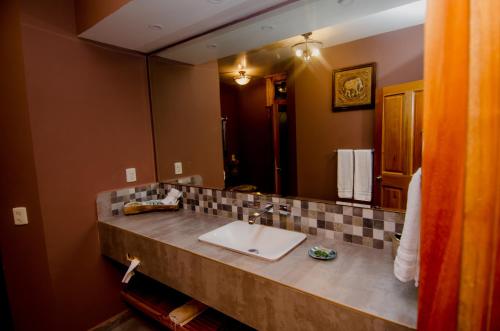 a bathroom with a sink and a large mirror at Hotel Posada San Miguel in Jerez de García Salinas