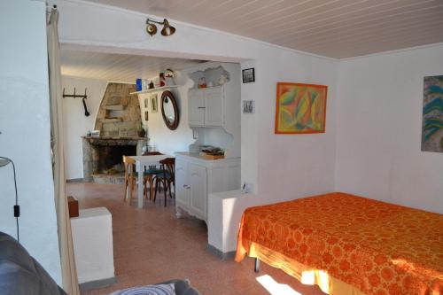 1 dormitorio con 1 cama y cocina con mesa en LA BERGERIE, en Cauro