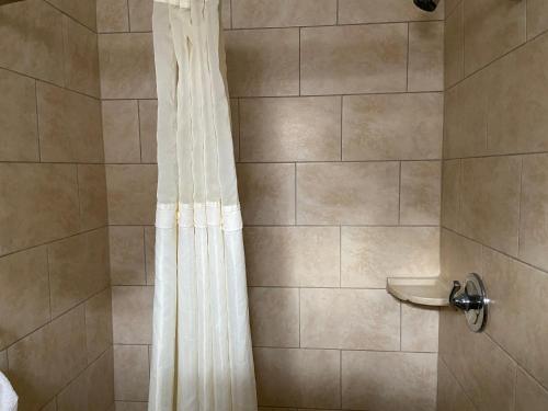 um chuveiro com uma cortina de chuveiro branca na casa de banho em Delux Inn em Clearwater