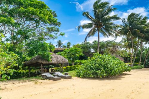 uma praia com cadeiras e um guarda-sol de palha e palmeiras em Coconut Grove Beachfront Cottages em Matei