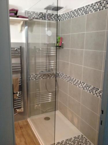 une douche avec une porte vitrée dans une salle de bain dans l'établissement Quartier piscine municipale Bel Appart 4 pers terrasse parking wi-fi, à Vence