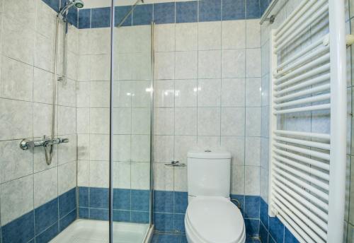 a bathroom with a toilet and a glass shower at Oasea in Tavronitis