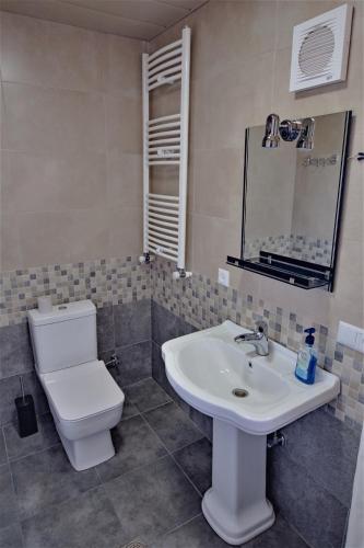 a bathroom with a white toilet and a sink at Tinikos Guest House in Tʼelavi