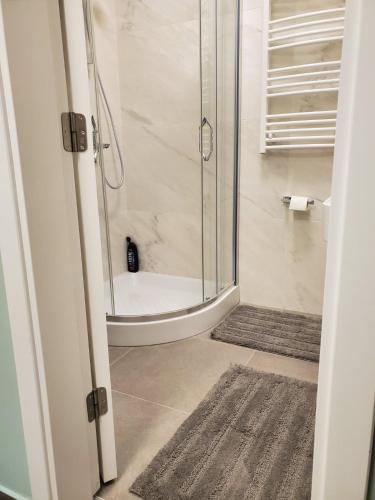 a bathroom with a shower with a glass door at Apartman Natasa sa podzemnom garažom in Banja Luka
