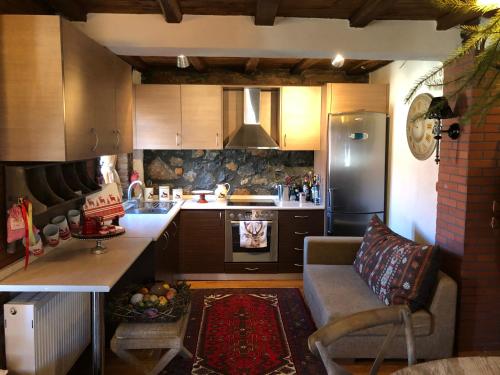 a kitchen with a couch and a stove top oven at Ξενώνας Φιλοξενία 1 & 2 in Palaios Agios Athanasios